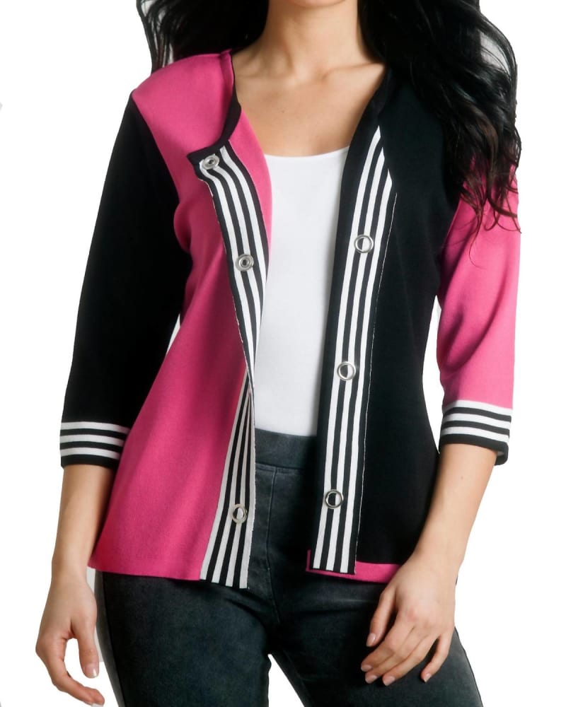 Front of a model wearing a size 1X Striped Placket Cardigan in Black/Fuchsia in Black/Fuchsia by ANGEL. | dia_product_style_image_id:326794